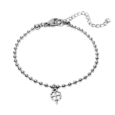 Bracciale Portafortuna Donna Con Ciondolo Quadrifoglio E Perline – Acciaio Inox Argento – Catena Regolabile 17+3 Cm