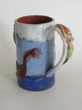 Large Studio Art Pottery Beer Mug with Relief Viking Ship and Mermaid ~ Signed