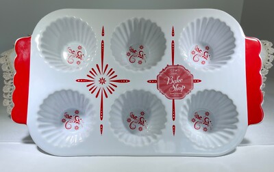 CIROA The Vintage Bake Shop CUPCAKE Pan Red White STONEWARE Retro Baking Dish