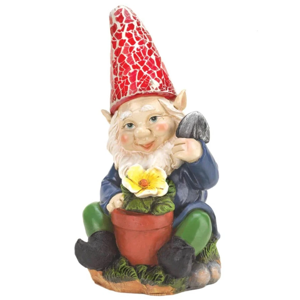 Gnomo de jardinería solar con flor jardín estatua escultura exterior patio patio decoración Foto 3 de 4
