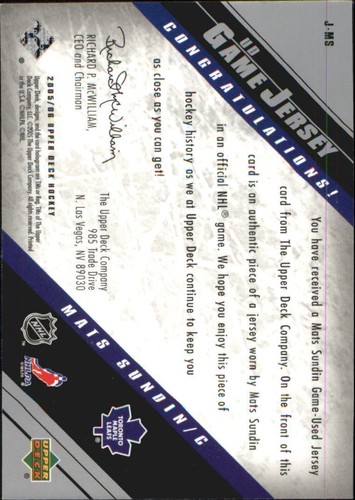 2005-06 Camiseta deportiva de Upper Deck #JMS Mats Sundin - casi nueva-como nueva - Imagen 2 de 2