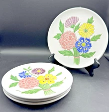 VTG Hand Painted Italian Raised Floral Bouquet Art Pottery 8" Set of 4 Plates