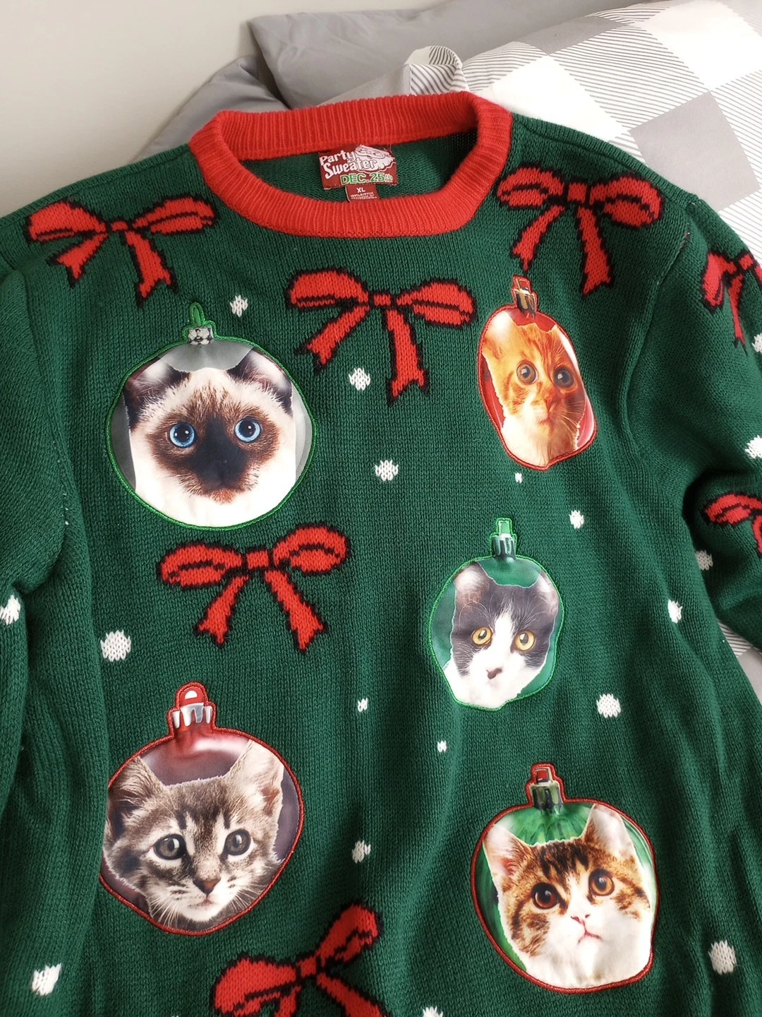Adult Ugly Christmas Party Sweater Dec 25th Cats Ornaments Bows XL