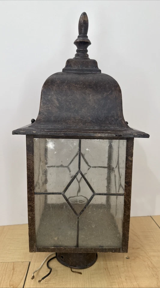 De colección 19" Bronce Coach Linterna Poste Luz Plomo Diamante Vidrio Exterior Patio Foto 2 de 4
