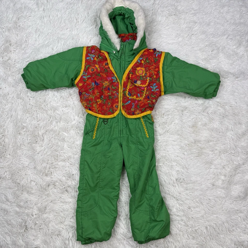 Obermeyer Girls Snowsuit One Piece Green/Yellow/Red Flowers Ski Suit Preschool 4 - Image 2 of 4