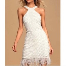 Lulus Feather Together Beaded Halter Mini Dress XS NWT White Bridal Party