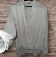 Max Studio L Large White Wrap Front Blouse Sexy Stylish Long Sleeve Shirt Top