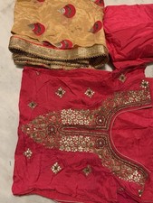 Women s Red Silk Blend Embroidered Salwar Kameez Set w/ Dupatta One Size