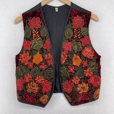 Vest Womens M Guatemalan Handmade Embroidered Floral Velvet Open Front Red VTG