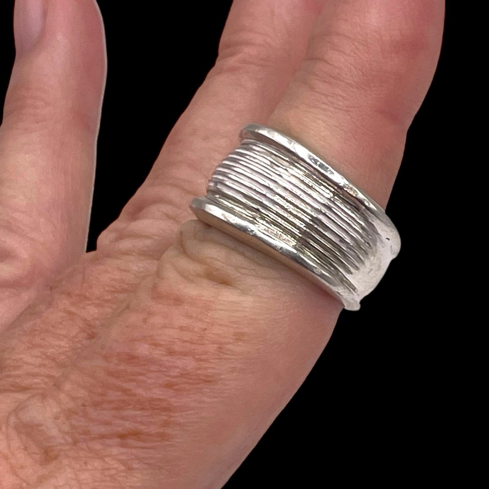 Solid Designer Ribbed 925 Sterling Silver 11mm Wi… - image 4