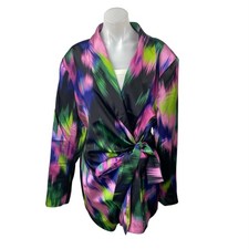 Nasty Gal Satin Printed Cinched Waist Multicolor Long Sleeve Blazer Jacket 20