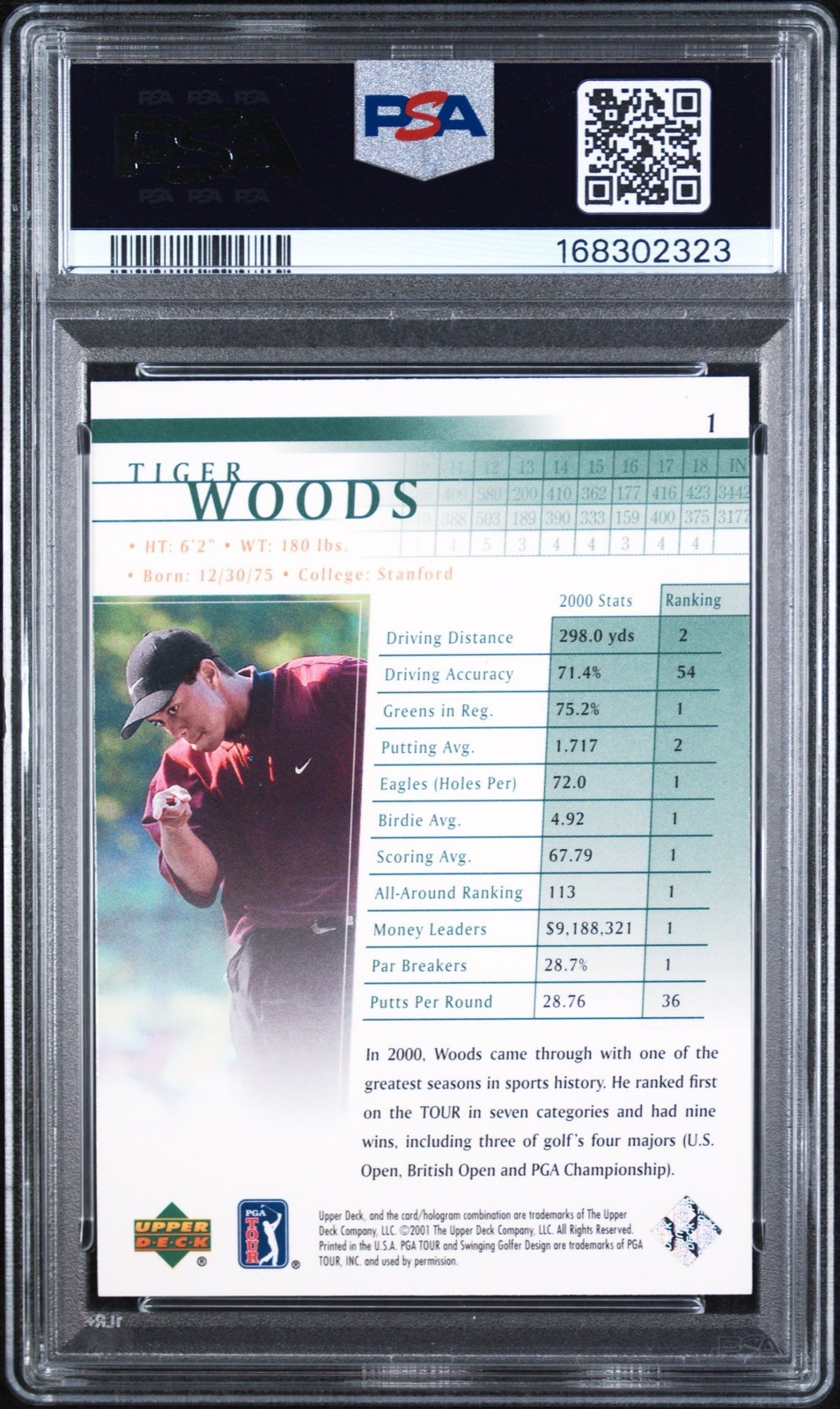 2001 Upper Deck Tiger Woods #1 PSA 9 MINT Rookie RC view 2