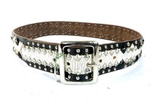 Genuine Joed Black  Cracked White Leather Pyramid Mix Silver Black Stud Med 34