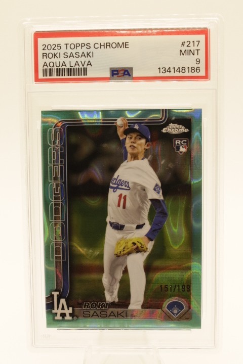 2025 TOPPS CHROME AQUA LAVA #217 ROKI SASAKI ROOKIE RC 151/199 PSA 9 LA Dodgers