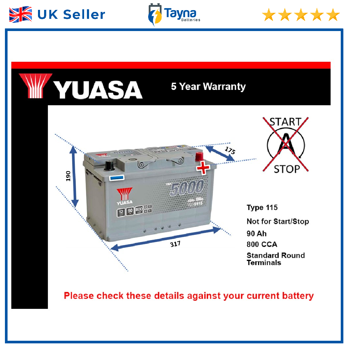 Battery fits AUDI Q7 A2 S3 A7 A5 Q5 TT A8 RS5 S4 S5 TT RS A6 Yuasa 115