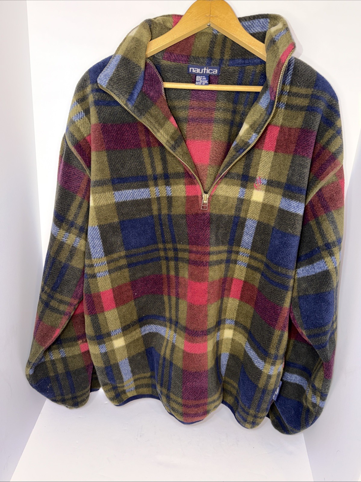 Nautica NauTeck Mens XXL 1/4 Zip Plaid Fleece Pullover Jacket Made In USA