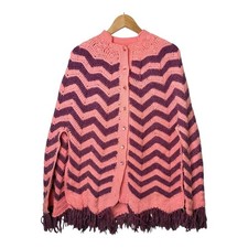 Vintage Pink Purple Chevron Crochet Fringe Cape Poncho Cardigan One Size