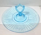 Rare 1930's Ice Blue Mayfair Open Rose Depression Glass 12" Center Handle Tray