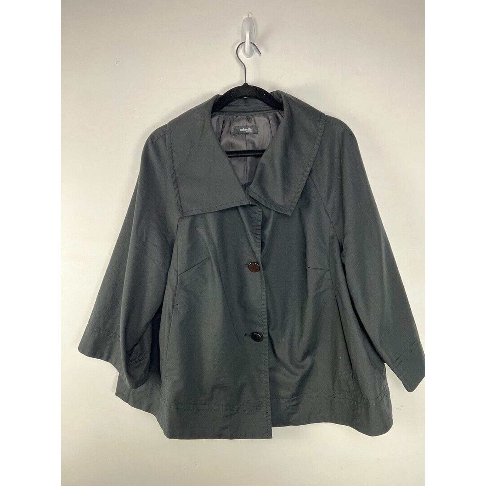Rafaella Womens Black Button-Front Swing Jacket With Wide Collar & 3/4 Sleeves