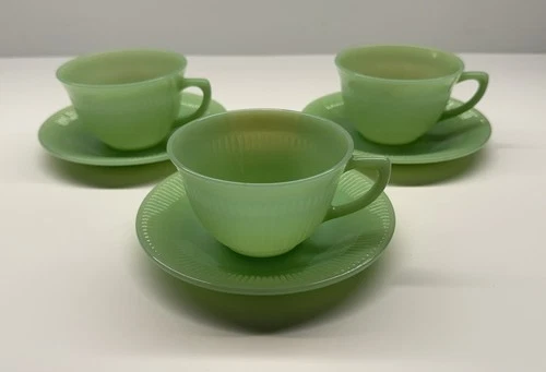 Vintage FIRE KING Jadeite Jane Ray Cup & Saucer SET OF 3