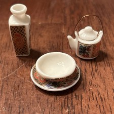 Vtg Dollhouse Miniature 5 Pc Porcelain Japanese Tea Pot  Bowl Dish Vase