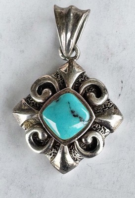 Sterling Silber 925 Southwestern Barse Diamantform Anhänger Türkis Schnörkel