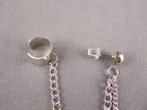Orange bead Silver tone dangle post SPIKE earrings ear Cuff 3" long chain spiked - Picture 3 of 4