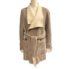 Lundstrom Sweater Coat Womens S Contrast Trim Beige Wool Blend Waist Tie Outdoor