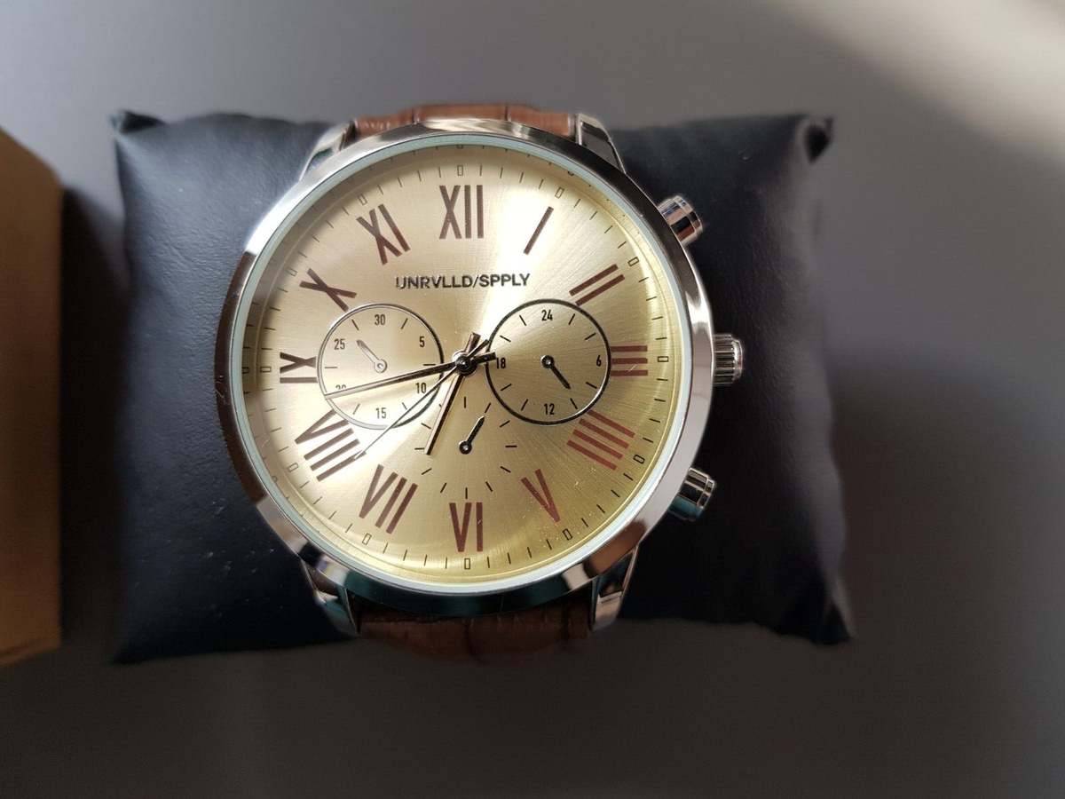 Unrvlld Spply ASOS Mens Watch Gold Face Brown Faux Leather Strap Roman  Numerals