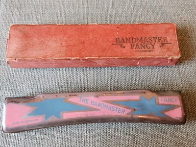 Old German Bandmaster Fancy Pink & Blue Art Deco Harmonica With Box Key C