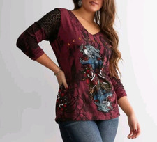 Affliction Women's Black Label "DOTTIE ROSE" Long Sleeve rhinestone T-Shirt NWT