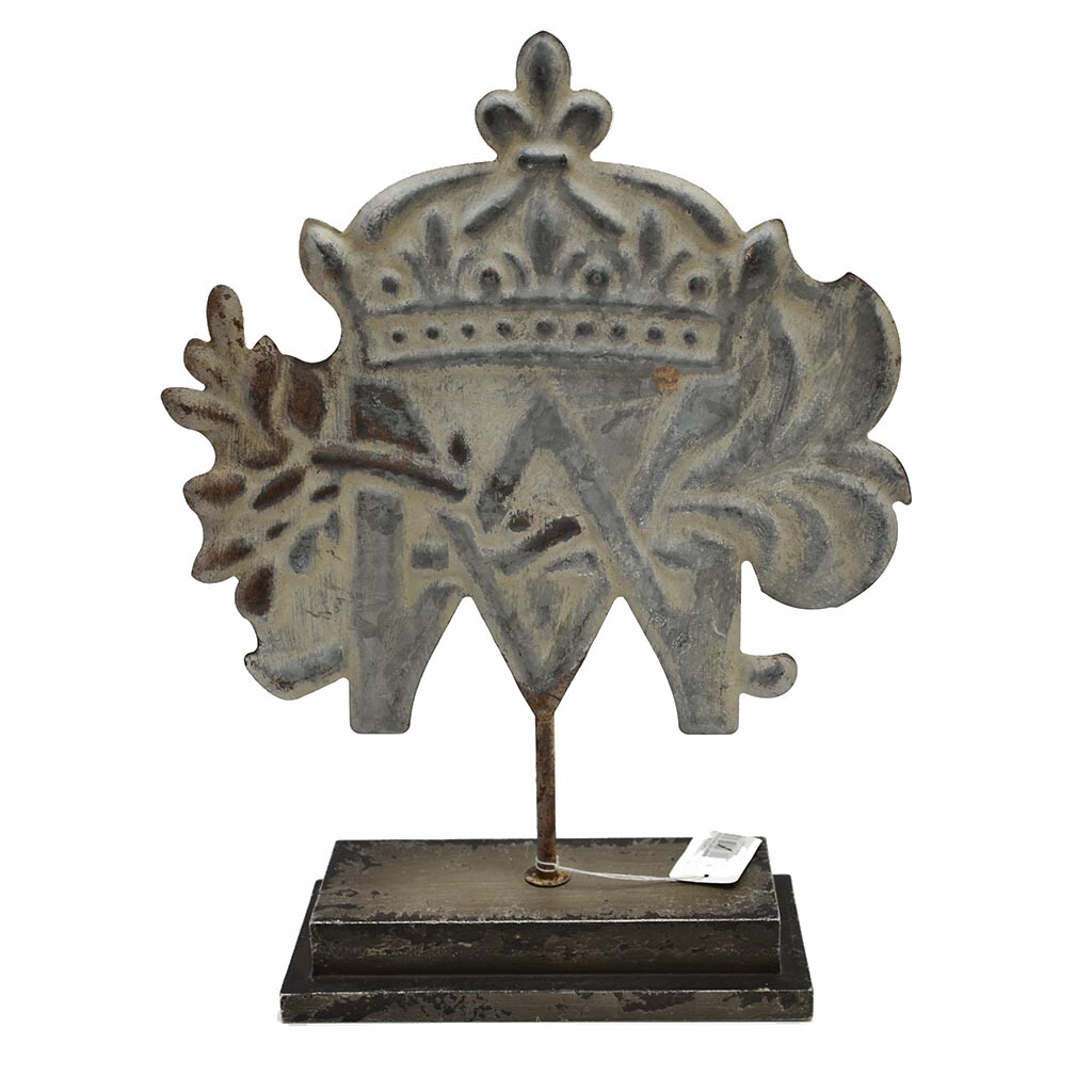 Couronne fer rouille patine deco style industriel avec socle bois