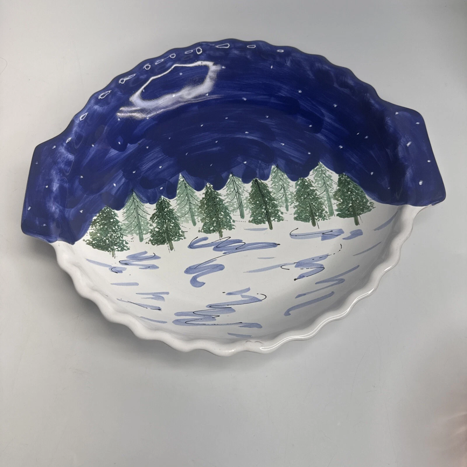 Hand painted 12 Inch Pie Dish Winter Tree Scene MESA International Signed Blue