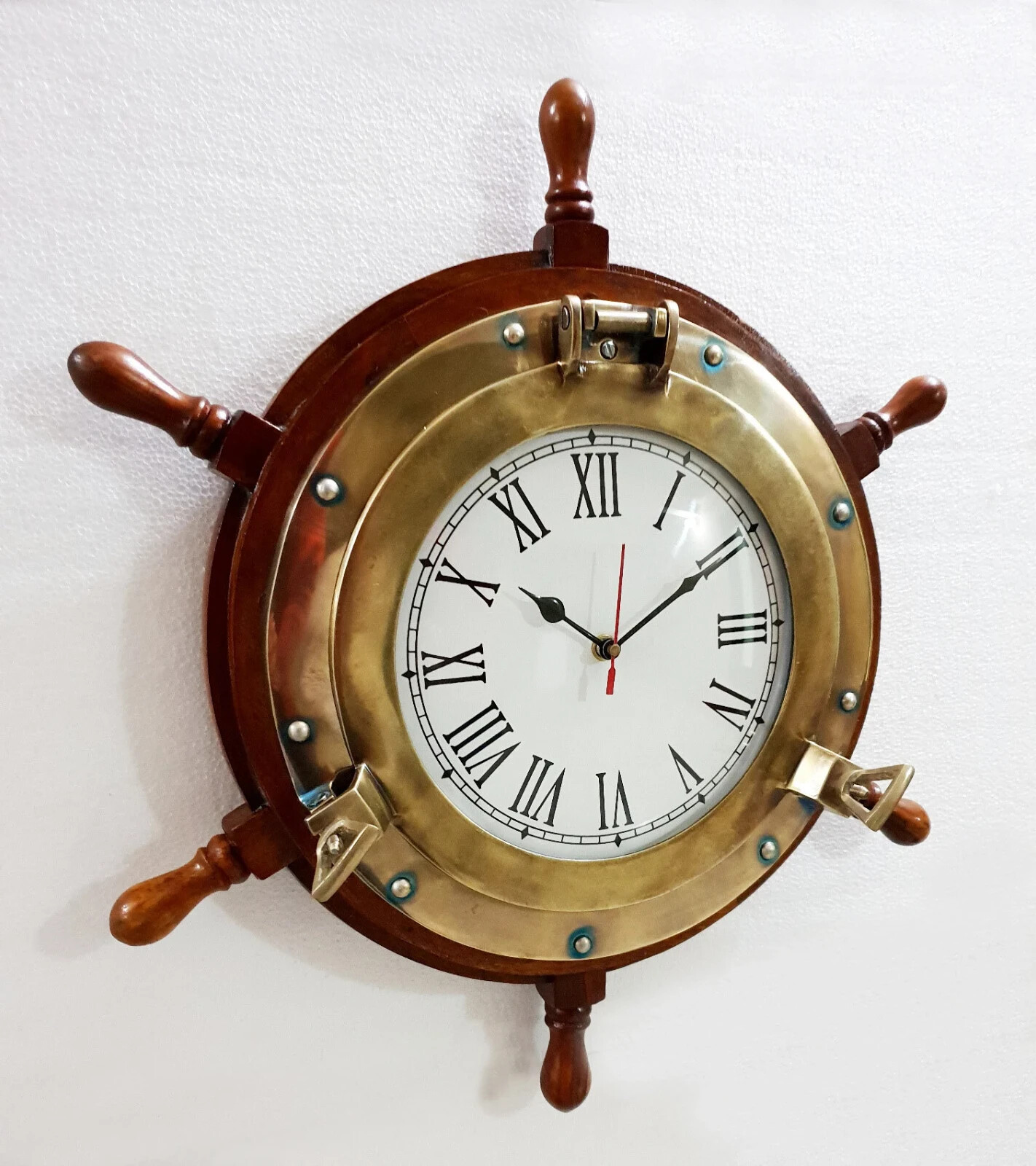Antique Marine 18 Wooden Ship Wheel Porthole Vintage Clock Nautical Wall Clock