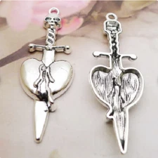 Big WEAPON SKULL HEART SWORD Pendant On 925 Sterling Silver Plated 26" Necklace