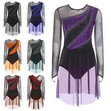 Womens Dancewear Long Sleeve Dress Ballerina Leotard Gymnastics Contrast Modern