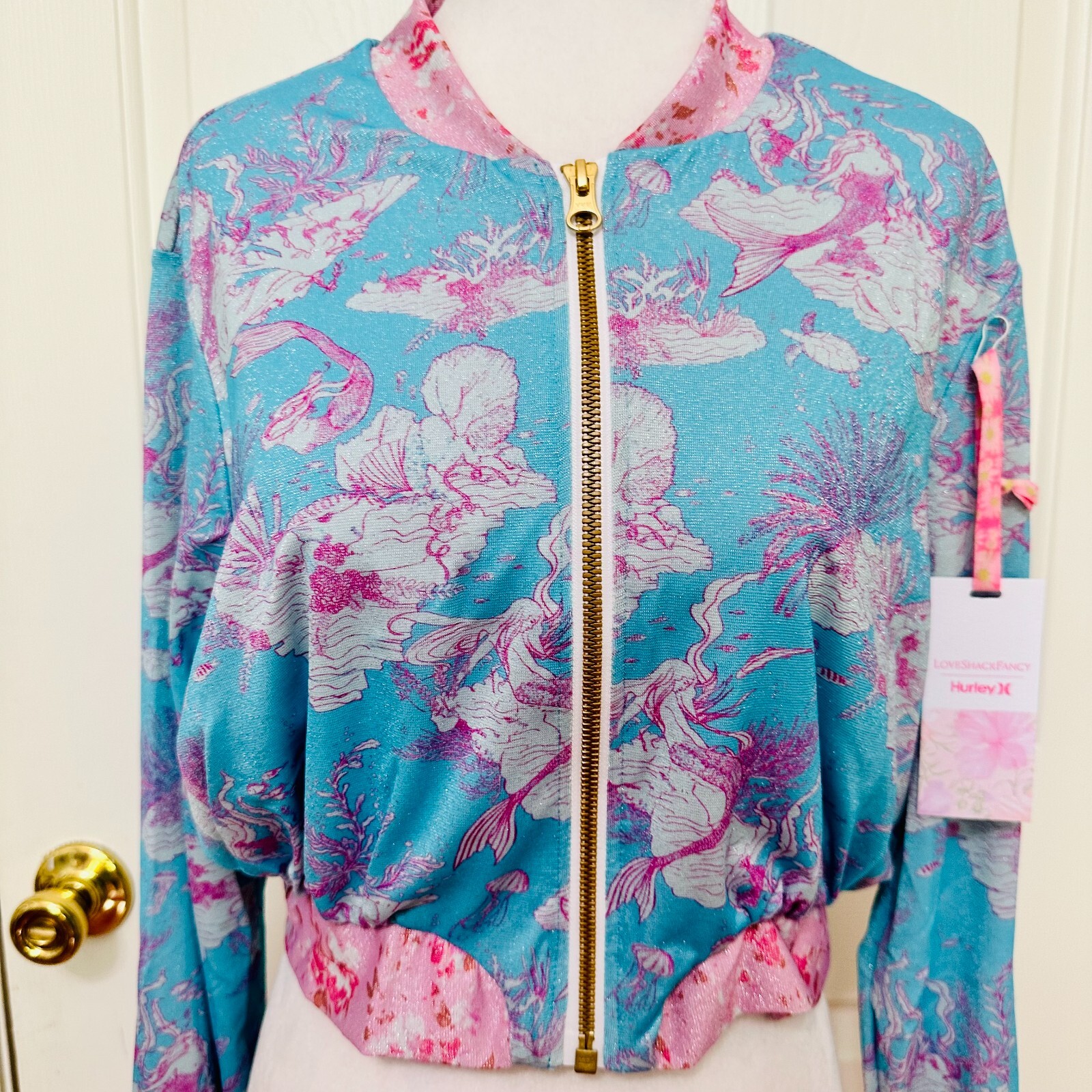 LOVESHACKFANCY X HURLEY UNDER THE SEA MERMAID METALLIC CROPPED BOMBER JACKET S image 2