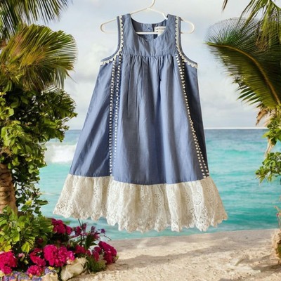 Artisan NY Girls Sleeveless Chambray Dress Lace Sz 5t EUC