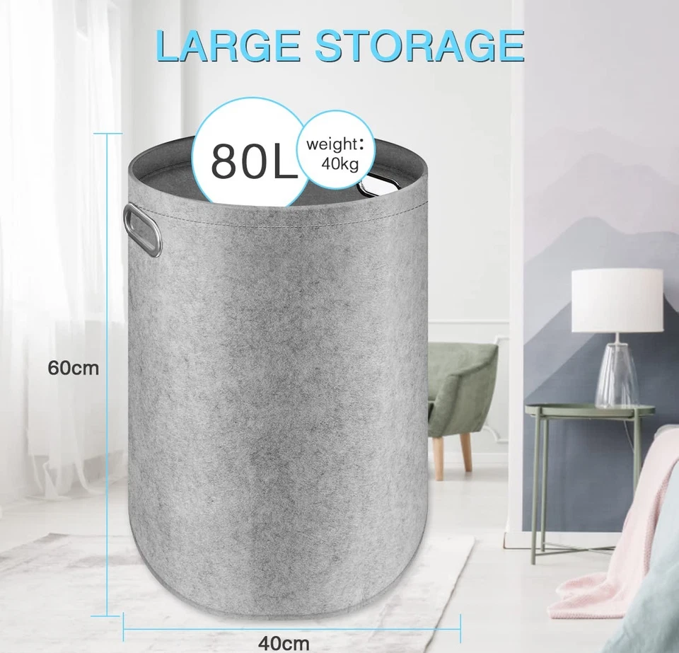 Wäschekorb Filz Wäschesammler Faltbar Waschekorbsammler Rund mit Griffen Aufb... - Bild 2 von 4