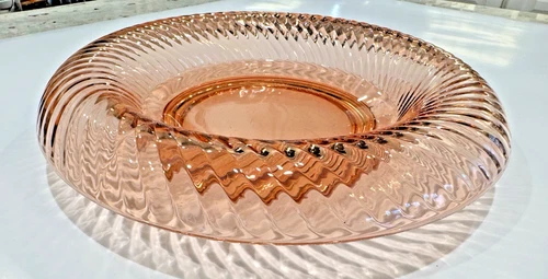 Vintage Pink Depression Glass Rolled Edge TWISTED OPTIC Console Bowl 10" Lovely