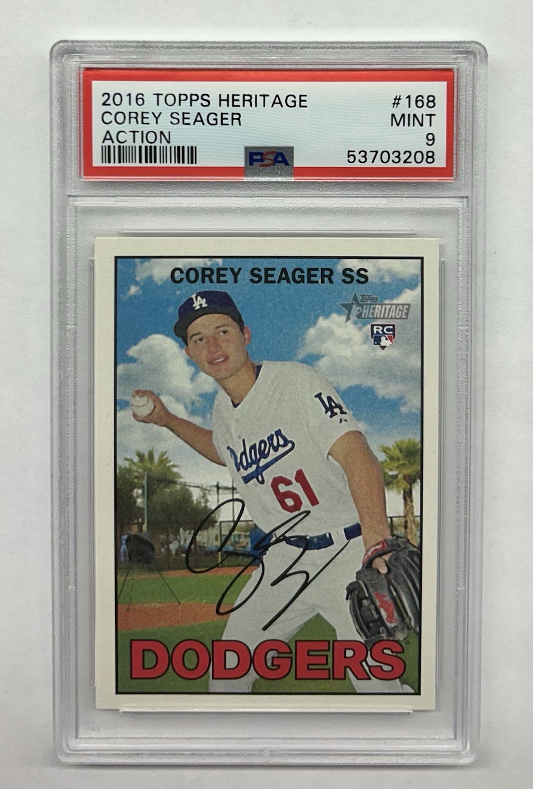 2016 Topps Heritage Corey Seager Action #168 PSA 9 Dodgers ROOKIE RC view 1