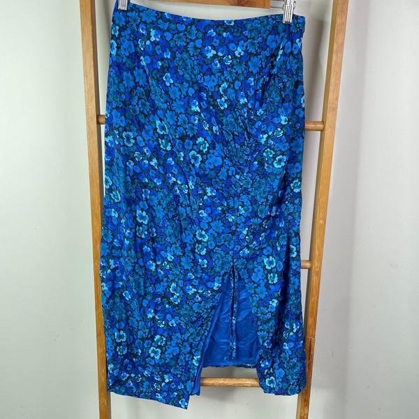 Lulu And Rose Ruched Midi Skirt Womens Medium Blue Floral Viscose Lined Split