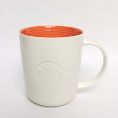 STARBUCKS  2014 . Logo Mug Texture Orange 12 oz MiC . Tasse Logo weiss