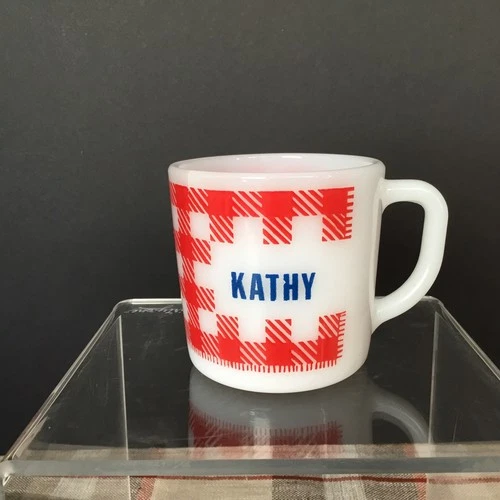 Vintage Westfield  Federal Milk Glass KATHY Mug Red White Plaid Gingham Cup Mug