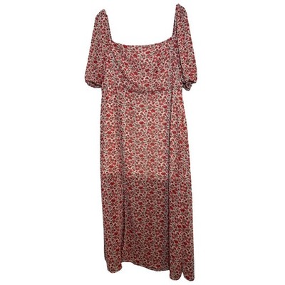In The Style Red Floral Shirred Midi Dress UK 20 Cap Sleeve Lined