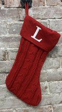 Red Sweater Cable Knit Christmas Stocking w/ White Monogram Embroidered Letter L