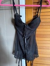Victoria  s Secret Black Mesh Lace Rhinestone Garters Teddy Women  s 34B NWT