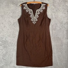 Talbots Womens Brown Linen Embroidered Beaded Split Neck Shift Dress Size 16