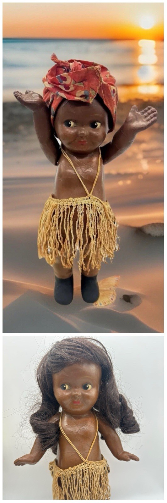 Rare Antique Buddy Lee Type Doll Composition Hula Girl Skirt Wind Up Toy Works