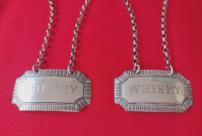 2x VINTAGE MASSIV gepunzt HBROS SILBER WHISKY SHERRY Dekanter Etikett 21,6 g UK